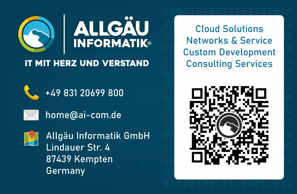 Visitenkarte Allgäu Informatik GmbH – Lindauer Str. 4, 87439 Kempten, Telefon 0831 20699-800, dialog@allgaeu-informatik.de